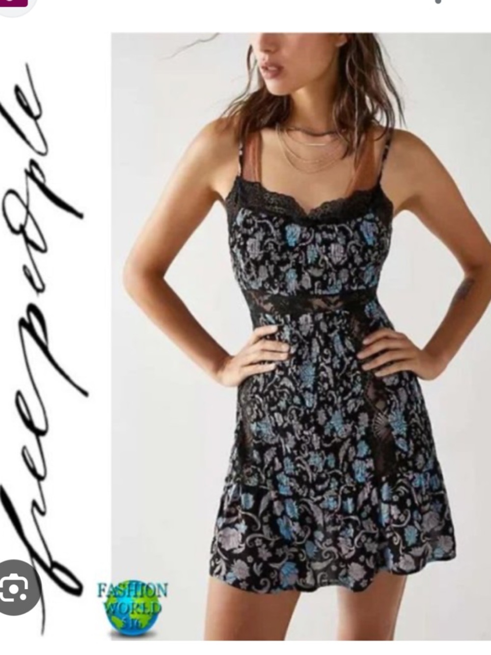 Free People Black Floral Lace-Trim Mini Dress